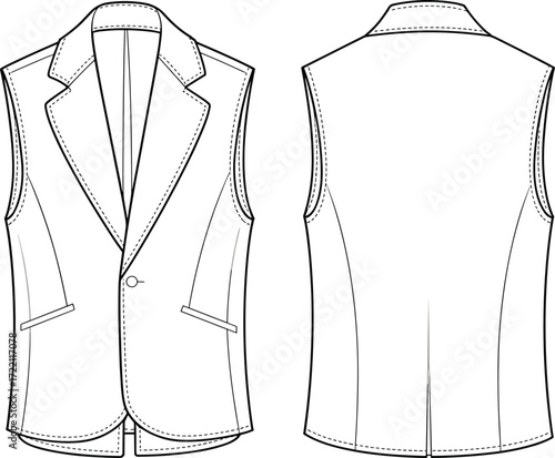 Sleeveless blazer vest flat sketch front and back view with lapel collar fashion garment design template vector apparel illustration drawing