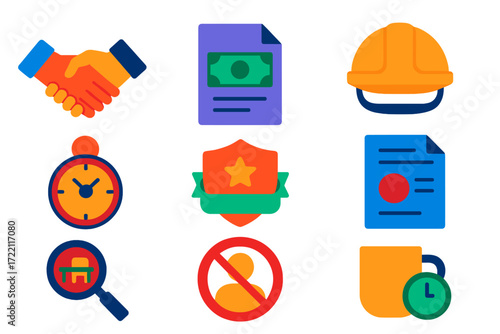 Labor Law Icons. Flat vector icons of labor law: contract handshake, wage slip, safety helmet, overtime clock, union badge,