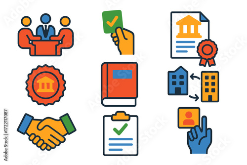 Bright Corporate Law Icons. Flat vector icons of corporate law: board meeting, shareholder vote, incorporation docs, corporate