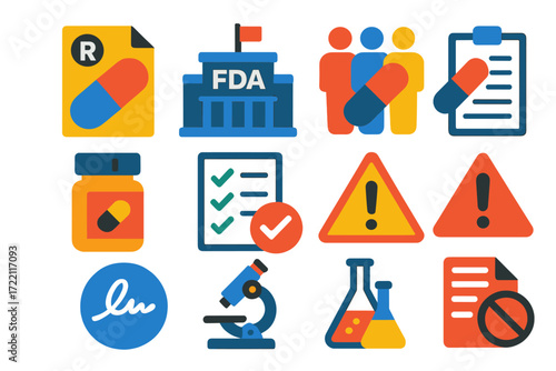 Pharmaceutical Law Icons. Flat vector icons of pharmaceutical law: pill patent, FDA building, clinical trial, prescription bottle,