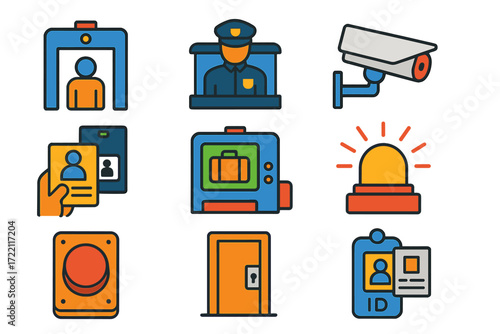 Security Measures Icons. Flat vector icons of security measures: metal detector arch, security guard post, surveillance camera,