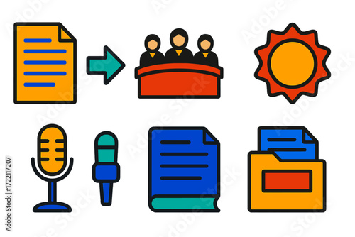 Appellate Court Icons. Flat vector icons of appellate court: appeal brief, remand arrow, three-judge panel, en banc badge, oral