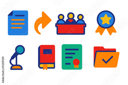 Appellate Court Icons. Flat vector icons of appellate court: appeal brief, remand arrow, three-judge panel, en banc badge, oral