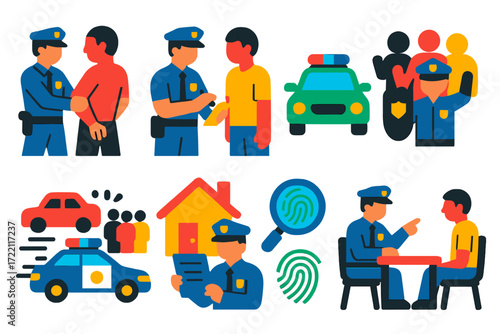 Police Action Icons. Flat vector icons of police actions: arresting suspect, issuing ticket, traffic stop, crowd control, pursuit