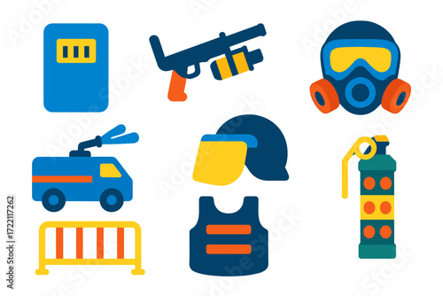 Riot Control Icons. Flat vector icons of riot control: riot shield, baton, tear gas launcher, protective mask, water cannon,