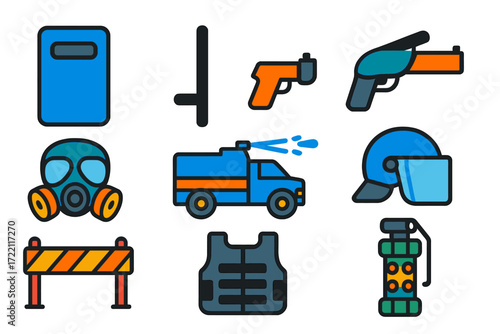 Riot Control Icons. Flat vector icons of riot control: riot shield, baton, tear gas launcher, protective mask, water cannon,