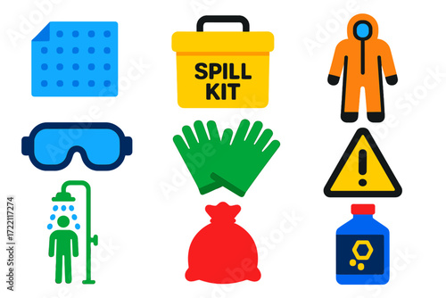 Chemical Spill Icons. Flat vector icons of chemical spill response: absorbent pad, spill kit box, protective suit, goggles, gloves