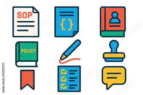 Vibrant Policy Icons. Flat vector icons of policy manuals: SOP document, regulation code, training manual, policy book, revision
