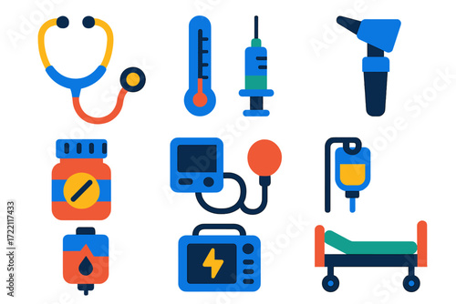 Medical Equipment Icons. Flat vector icons of hospital equipment: stethoscope, thermometer, syringe, pill bottle, blood pressure