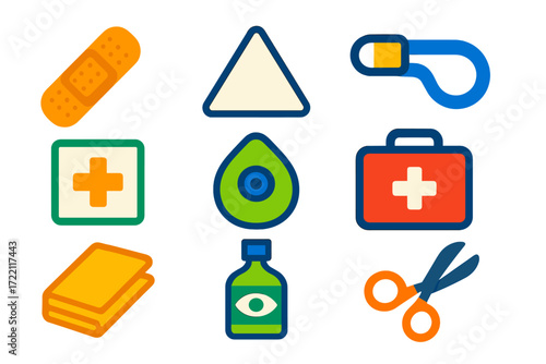 Bold First Aid Icons. Flat vector icons of first aid supplies: adhesive bandage, triangular bandage, tourniquet, antiseptic wipe,