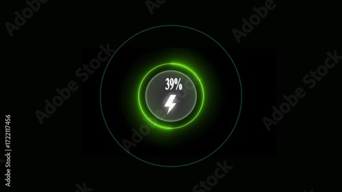 Wallpaper Mural Neon loading animation counting from 0 to 39%, featuring a glowing green circle, and a charging connector on black background. Torontodigital.ca