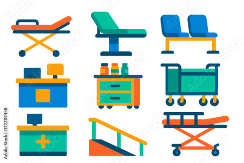 Modern Hospital Icons. Flat vector icons of hospital furniture: stretcher, examination table, waiting room chair, reception desk,