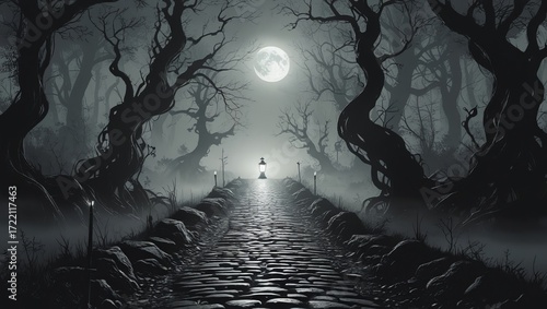 Monochrome Gothic Forest Path with Lantern, Cobblestone Road, and Moonlit Mist in Black and White Illustration
