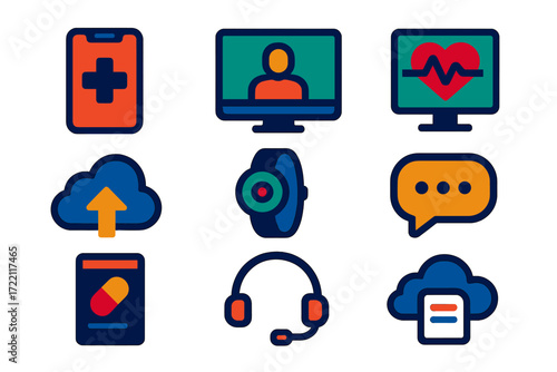 Telehealth Tools Icons. Flat vector icons of telehealth tools: smartphone with cross, video call screen, remote monitor, data