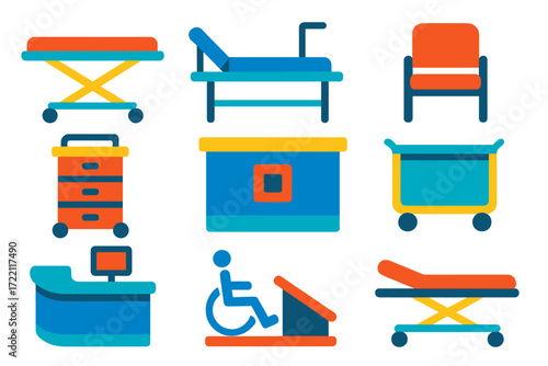 Modern Hospital Icons. Flat vector icons of hospital furniture: stretcher, examination table, waiting room chair, reception desk,