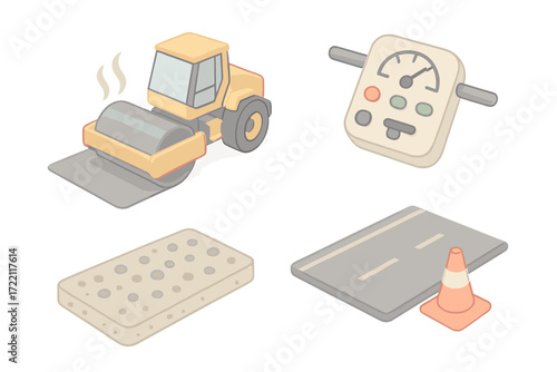 Road Roller Scene. Isometric vector illustration set Road Roller Operation Scene: compactor vehicle with smooth drum, asphalt