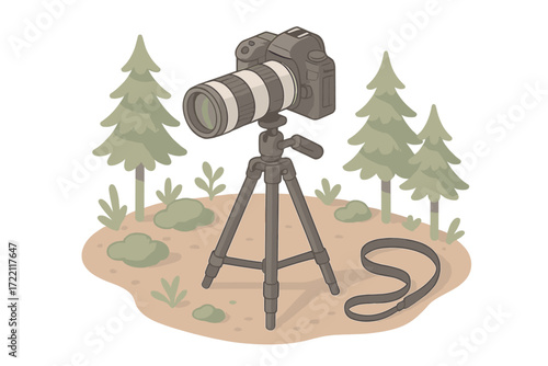 Outdoor Photography Setup. Isometric vector illustration set Outdoor Photography Tripod Scene: tripod in forest terrain, DSLR with