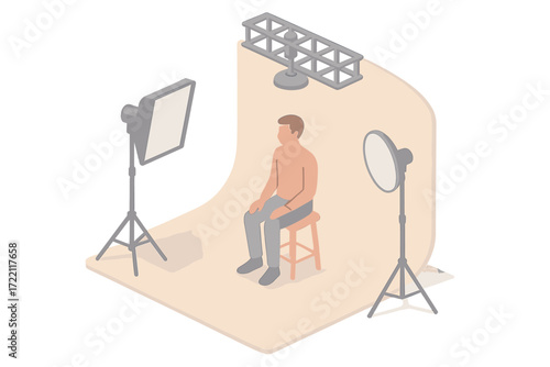 Isometric Light Setup. Isometric vector illustration set Studio Light and Shadow Setup: key light with softbox, fill light with