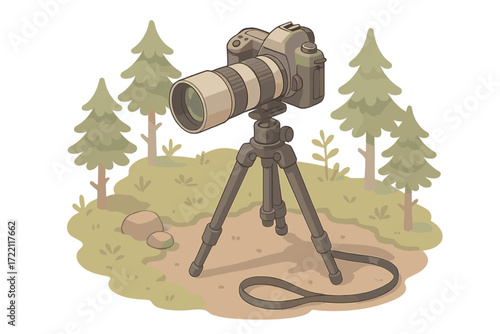 Outdoor Photography Setup. Isometric vector illustration set Outdoor Photography Tripod Scene: tripod in forest terrain, DSLR with
