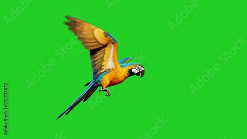 Vibrant macaw parrot in mid-flight, wings spread wide, showcasing brilliant blue and gold plumage against a clean green screen background for easy compositing.