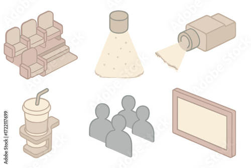 Cinematic Experience Icons. Isometric vector illustration set Cinematic Experience Icons: movie theater aisle, dimmed lighting,