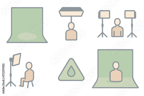 Studio Lighting Setup. Isometric vector illustration set Green Screen Lighting Setup: even lighting diagram, overhead softbox,