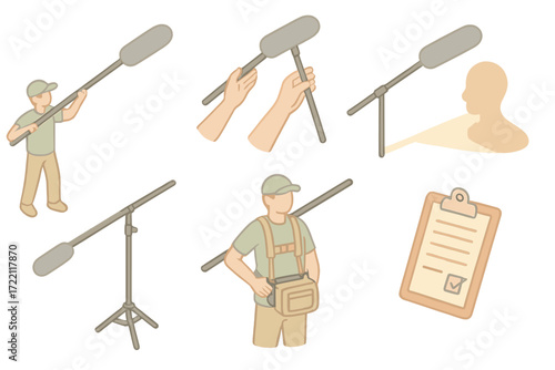 Boom Pole Techniques. Isometric vector illustration set Boom Pole Operation Techniques: pole tilted forward, boom op adjusting