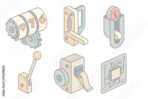 Slot Machine Internals. Isometric vector illustration set Slot Machine Mechanics and Controls: gear system behind reels, payout