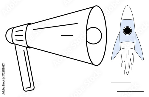 Megaphone amplifying communication next to a rocket showing innovation, progress, and creativity. Ideal for advertising, startup strategies, growth, outreach, branding, innovation and leadership