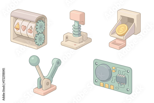 Slot Machine Internals. Isometric vector illustration set Slot Machine Mechanics and Controls: gear system behind reels, payout