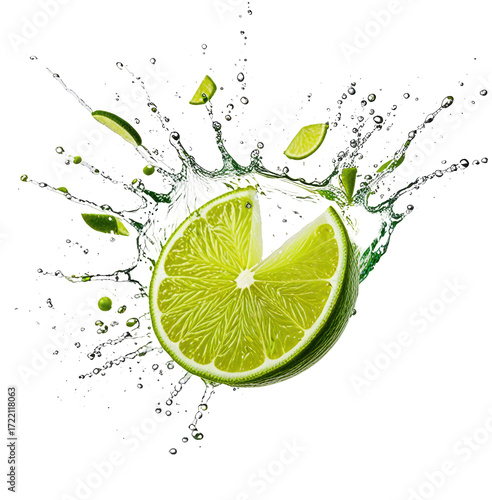 Lime splash, cut fruit, water droplets, black background, food ad