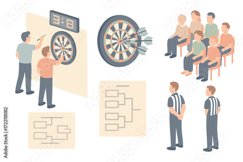 Isometric Darts Tournament. Isometric vector illustration set Competitive Darts Match: two players at throw line, audience seating
