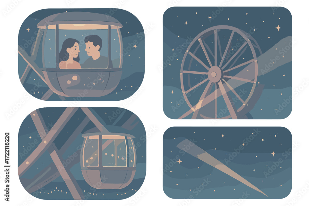 Fototapeta premium Nighttime Ferris Wheel Scene. Isometric vector illustration set Nighttime Ferris Wheel View: cabin lit from inside, starry sky