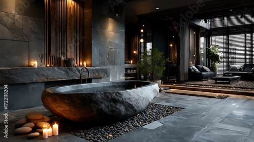 Serene gray spa retreat with stone tub high resolution image