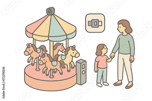 Pastel Children's Carousel. Isometric vector illustration set Mini Carousel for Children: small platform with ponies, colorful