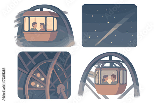 Nighttime Ferris Wheel Scene. Isometric vector illustration set Nighttime Ferris Wheel View: cabin lit from inside, starry sky