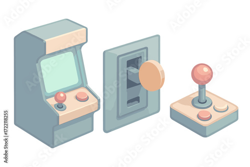 Retro Arcade Icons. Isometric vector illustration set Arcade Machine Joystick Token: retro arcade cabinet with glowing screen, red