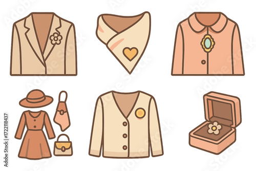 Fashion Brooch Display. Isometric vector illustration set Brooch Application and Fashion: pin attached to blazer lapel, brooch on