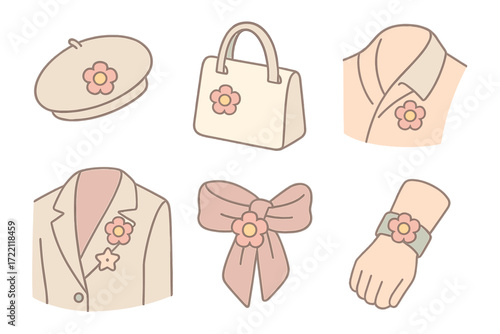 Brooch Styling Ideas. Isometric vector illustration set Brooch Placement and Styling Ideas: brooch centered on beret, pinned to