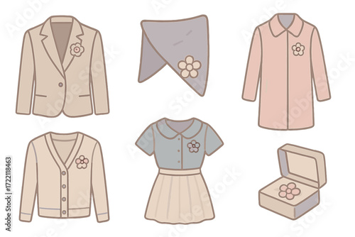 Fashion Brooch Display. Isometric vector illustration set Brooch Application and Fashion: pin attached to blazer lapel, brooch on