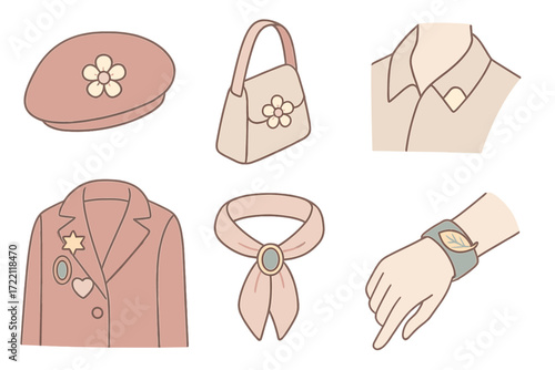 Brooch Styling Ideas. Isometric vector illustration set Brooch Placement and Styling Ideas: brooch centered on beret, pinned to