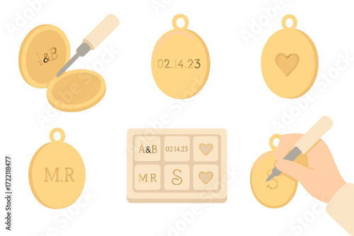 Personalized Locket Engraving. Isometric vector illustration set Personalized Locket Engraving: close-up of engraving tool carving