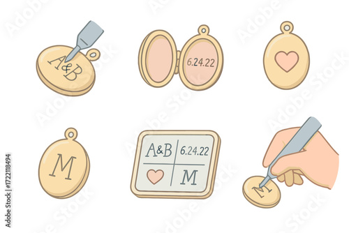 Personalized Locket Engraving. Isometric vector illustration set Personalized Locket Engraving: close-up of engraving tool carving