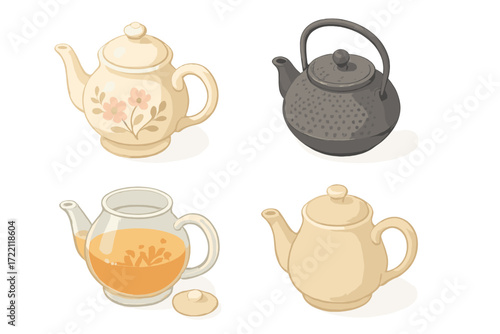 Elegant Teapot Collection. Isometric vector illustration set Teapot Designs and Materials: porcelain teapot with floral motif,