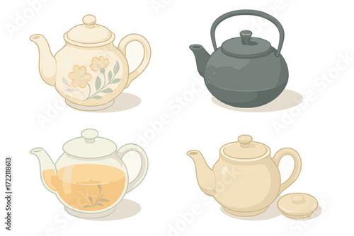 Elegant Teapot Collection. Isometric vector illustration set Teapot Designs and Materials: porcelain teapot with floral motif,