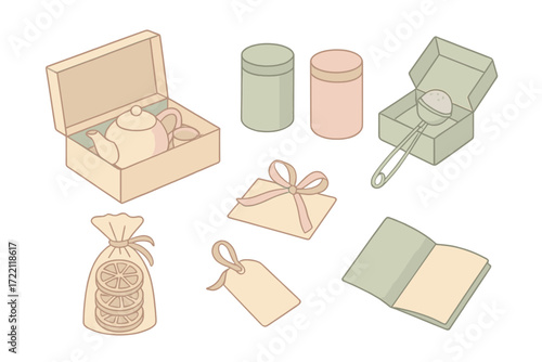 Tea Gift Set. Isometric vector illustration set Tea Gift Set Elements: boxed teapot and cup combo, labeled tins of loose tea,