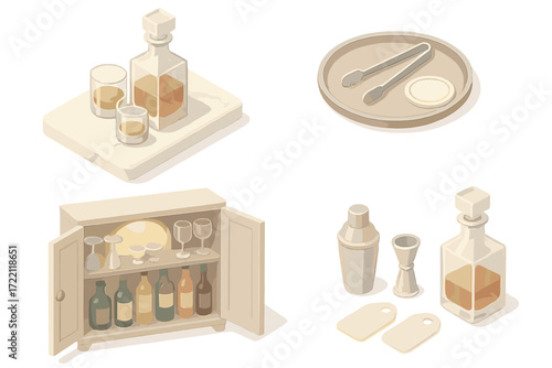 Elegant Home Bar Elements. Isometric vector illustration set Elegant Home Bar Elements: marble countertop with decanter and
