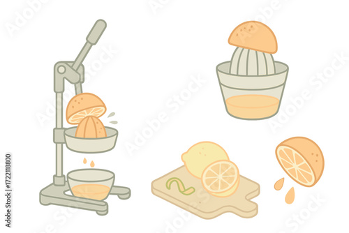 Citrus Juicer Isometric. Isometric vector illustration set Juicer Citrus Fruit Press: hand press juicer with sliced orange, reamer