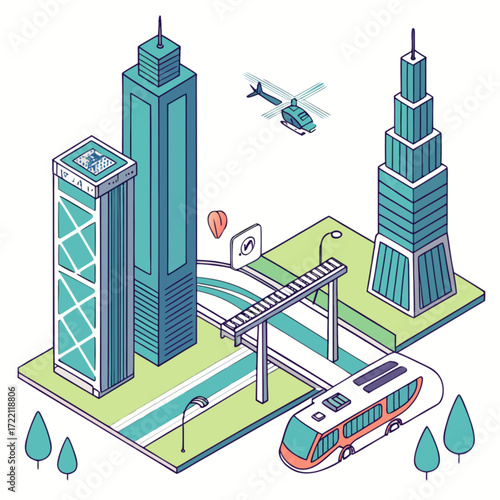 Isometric Cityscape Illustration with Modern Buildings Transportation and Urban Elements.