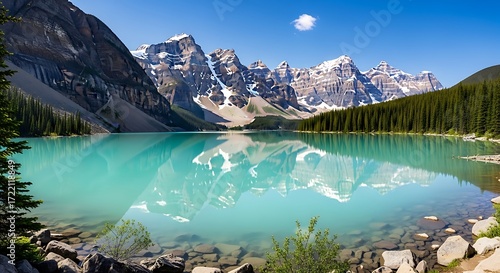 Fototapeta Naklejka Na Ścianę i Meble -  Moraine Lake Panorama with Snow-Capped Mountains and Turquoise Water.